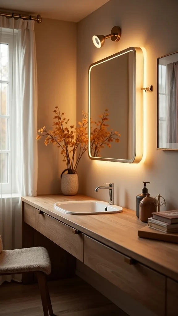 What lighting makes a fall workspace feel warm but still functional?