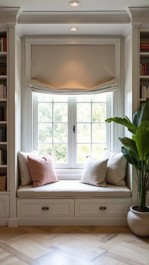 Bay Window Bench + Lift-Lid Storage + Roman Shade + Bookcase Flanks