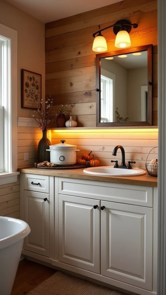 Add warm white under-cabinet light so the corner feels inviting at dusk