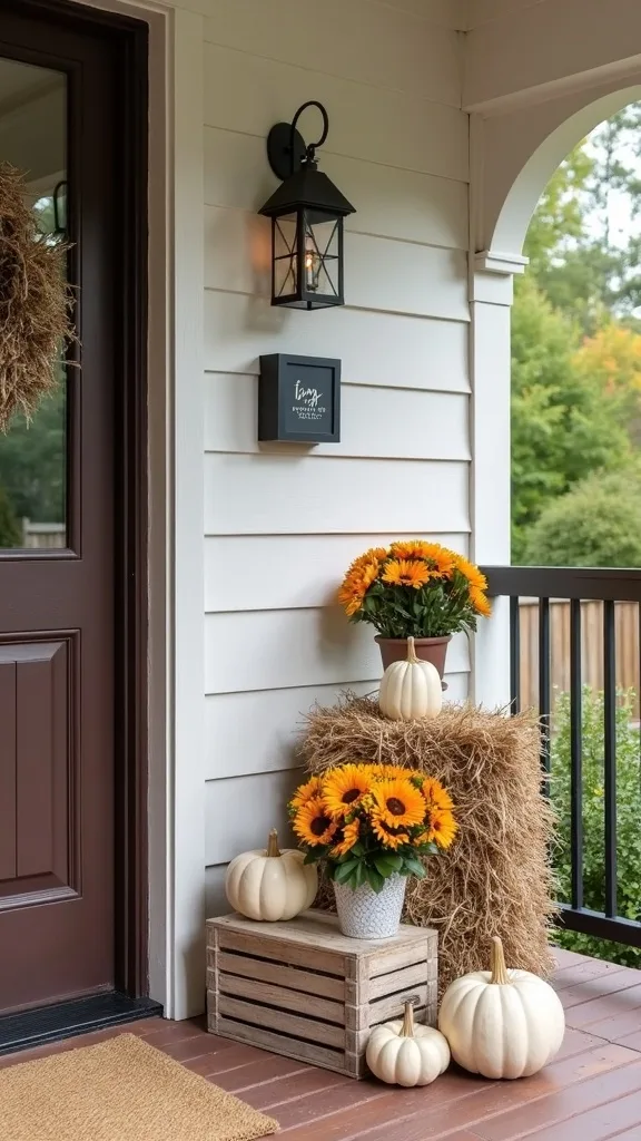Start with the Classic Layer: Mums, Straw Bales, Crates, Gourds + a Plaid Throw