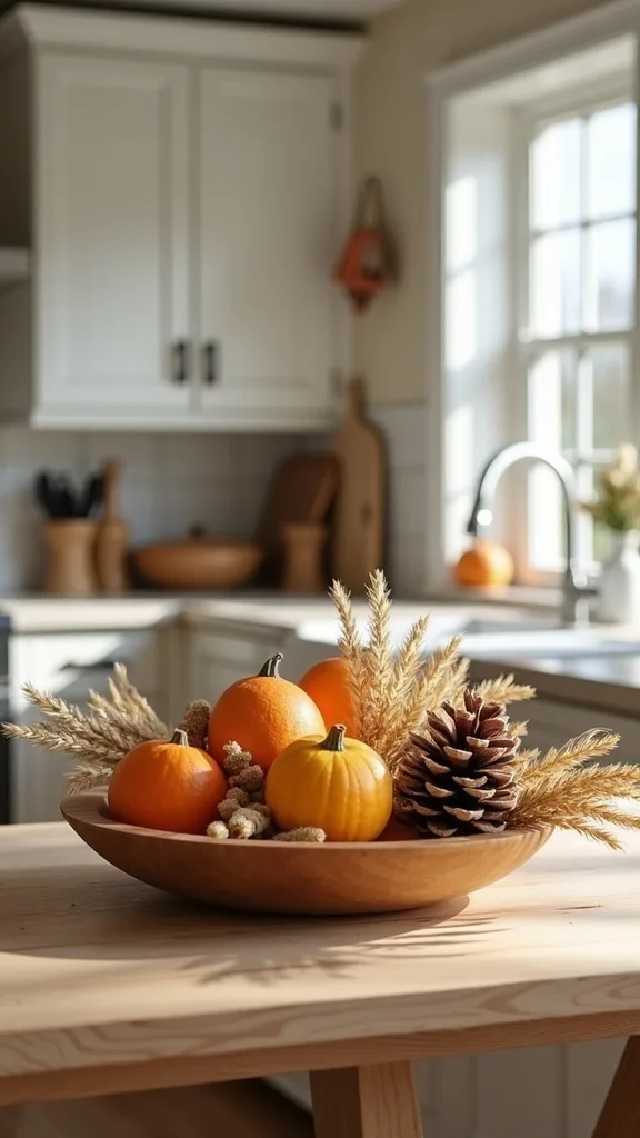 Swap summer citrus for a wooden dough bowl with gourds, pinecones, and dried wheat