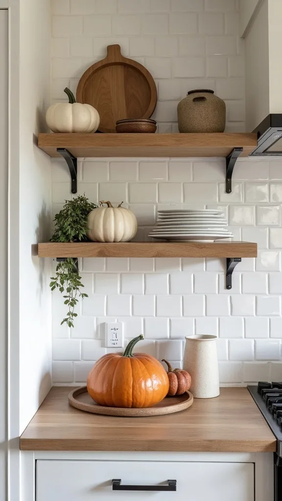 How do you decorate open shelves for fall without making them look crowded?