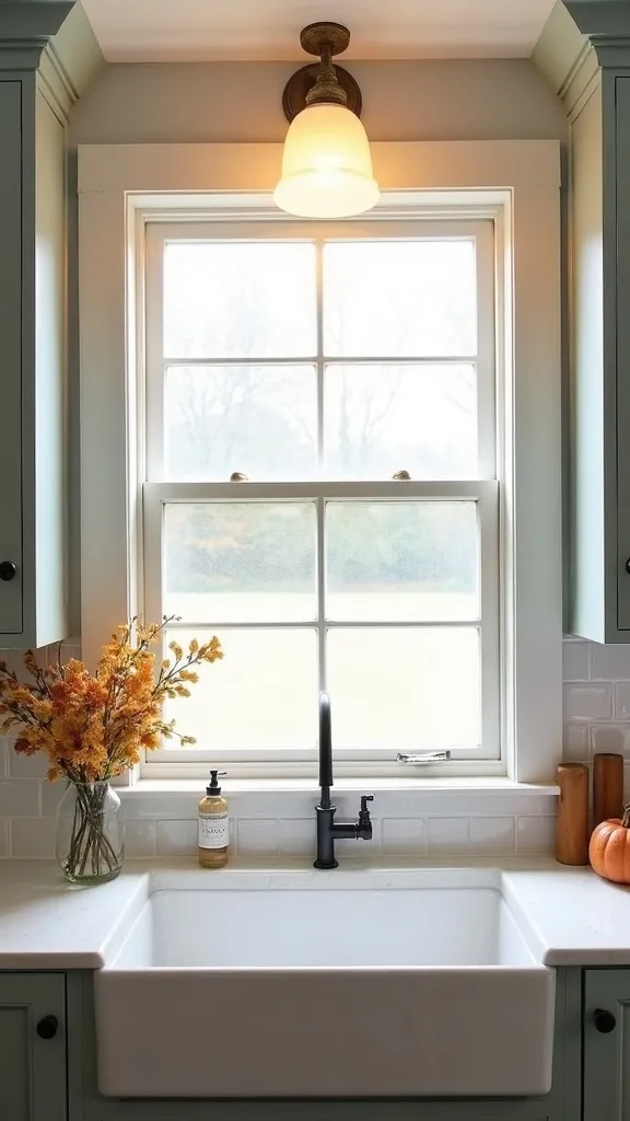 How do you style a kitchen window for fall without blocking light?