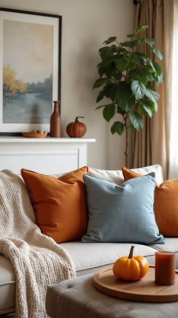 Swap summer blue pillows for rust and amber, then anchor with a knit throw and wooden candle holders