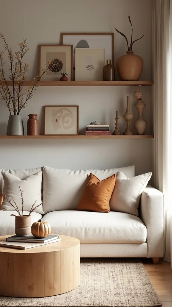 How do you make open shelving look cozy for fall without restyling everything?