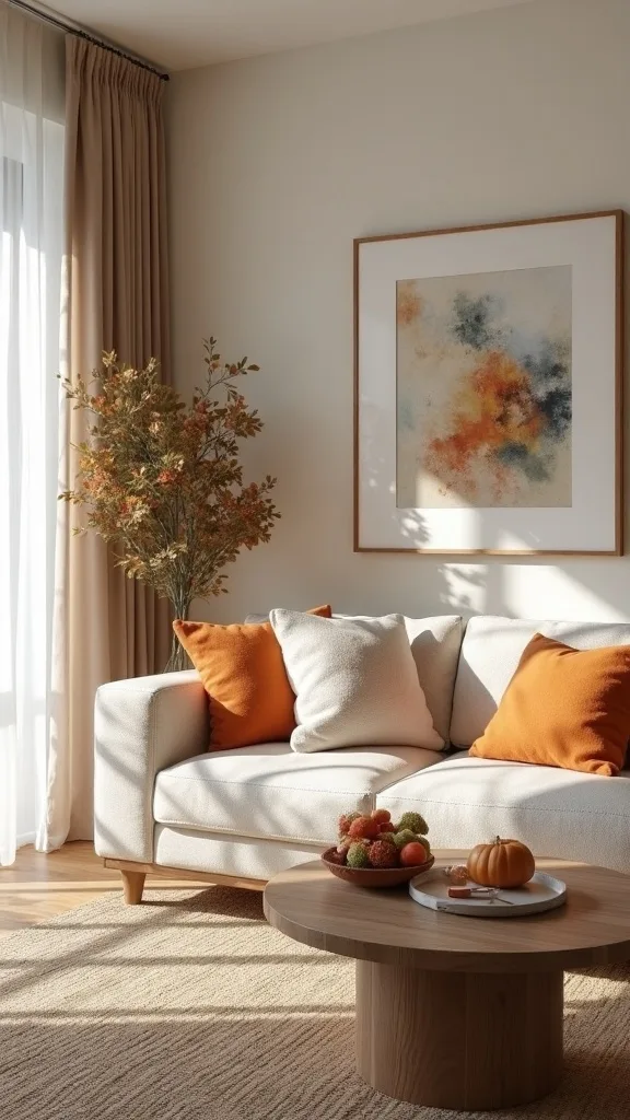 How can artwork help a transitional living room feel grounded for fall?
