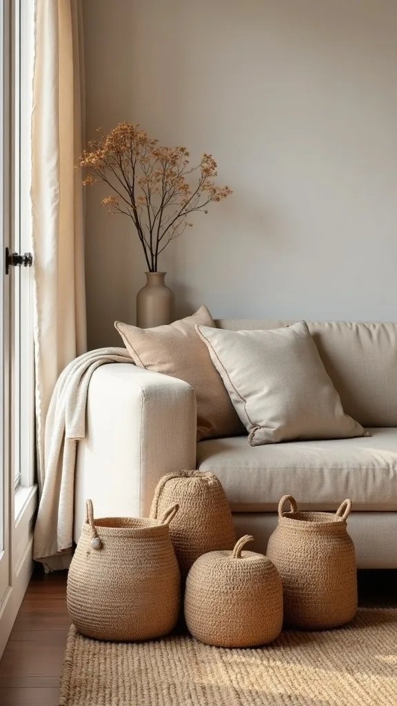 How can you use baskets to add warmth and still keep the living room tidy?