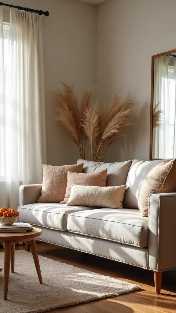 What’s the simplest way to make a beige or gray sofa feel warmer for early fall?
