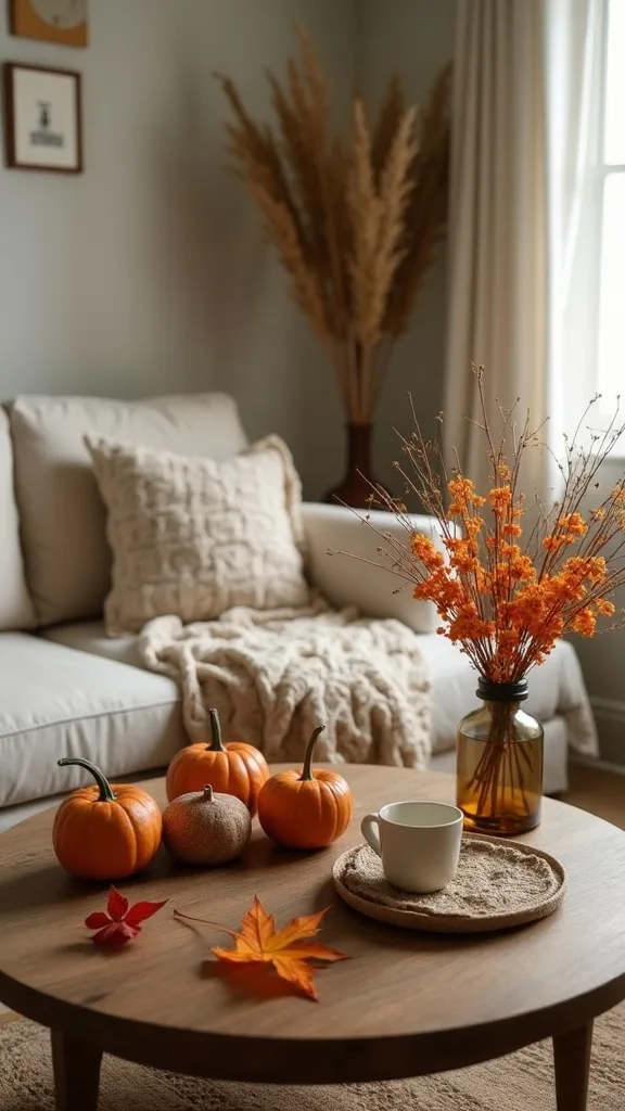 What coffee table styling reads fall, but still works through Thanksgiving?