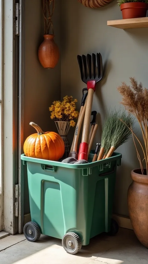 Group Fall Yard Tools in a Rolling Bin for Easy Grab-and-Go