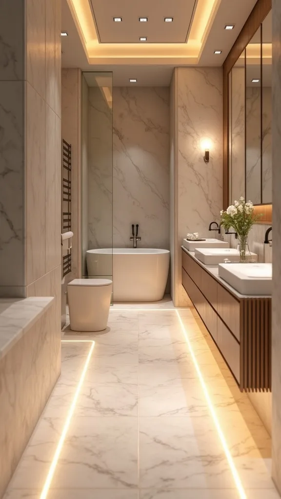 What lighting makes heated tile feel even warmer at night?