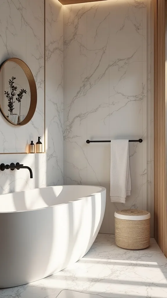 How can you make a small bathroom feel warmer without changing the whole layout?