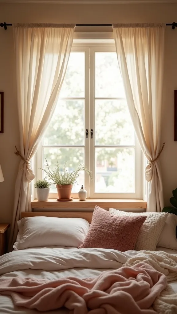 How can curtains make a bedroom cozy even if the windows are small?