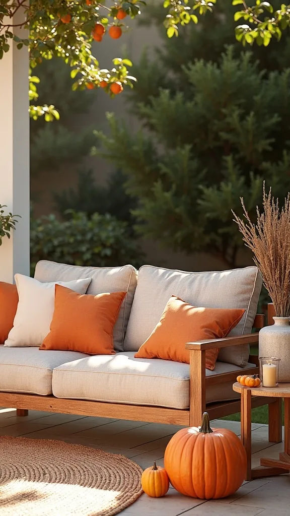 Swap bright cushions for rust/amber, add harvest pumpkins, and add outdoor candles