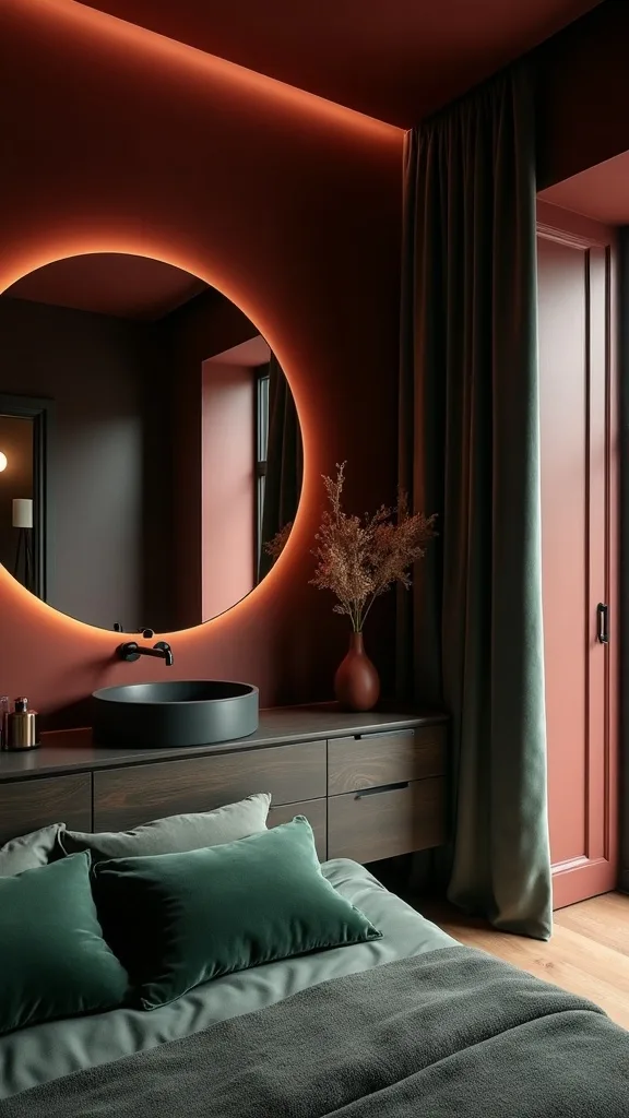 Start with the signature palette: dusty burgundy, dark oak, amber light, forest-green velvet