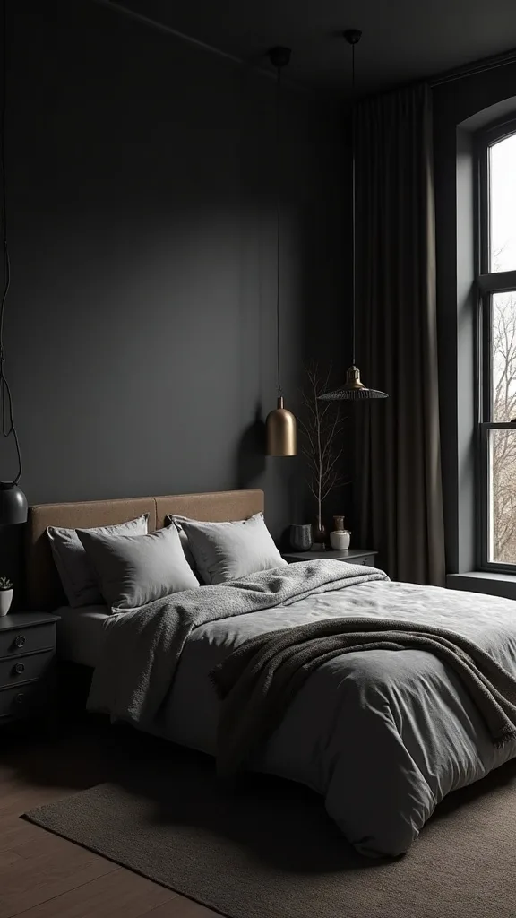 How do you layer bedding for a cozy dark bedroom without clutter?