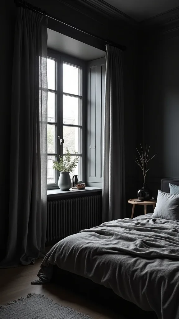 What window treatments make a dark bedroom aesthetic feel finished?