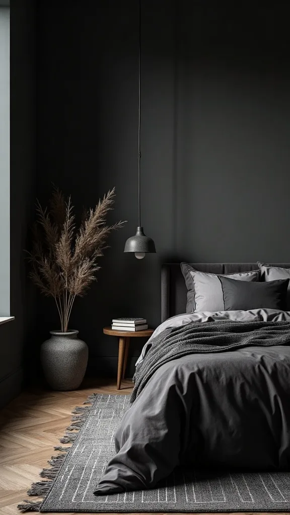 How can you add depth with a rug in a dark, fall-toned bedroom?