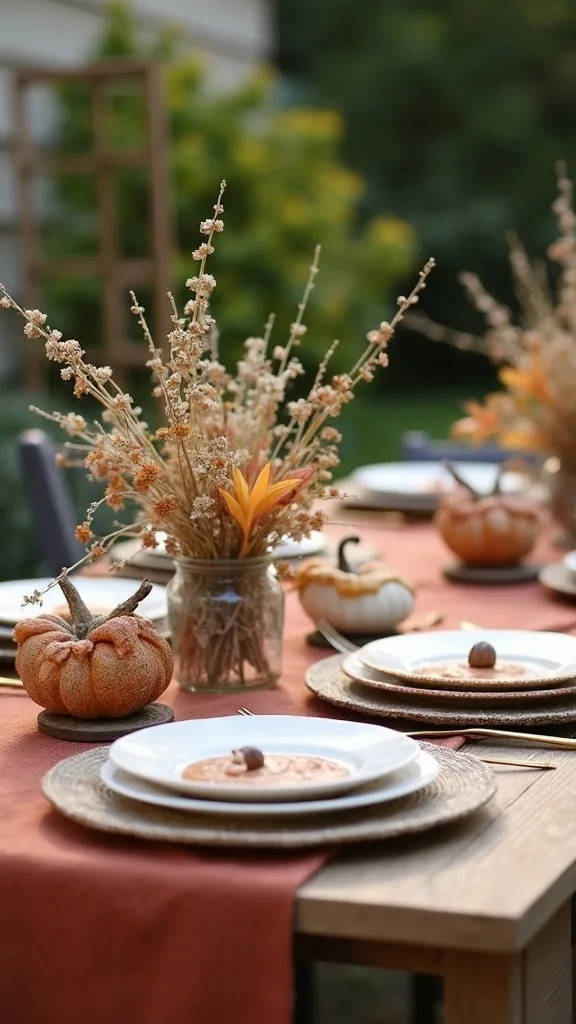 Start with the hero table look: rust linen + dried botanicals + layered plates