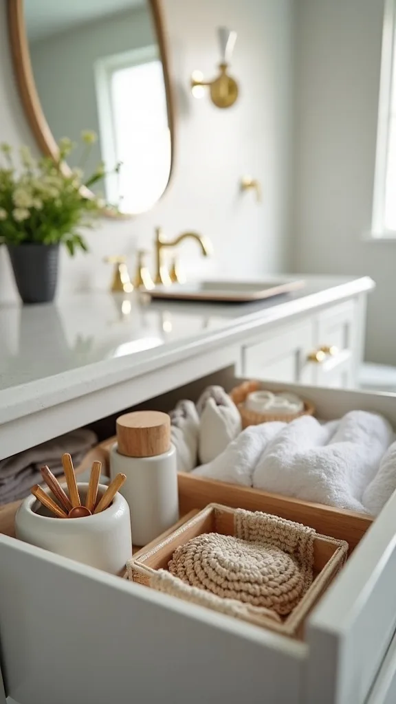 Declutter the vanity drawer with a “category grid” (not random bins)