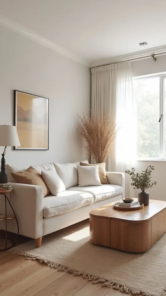 How can I make mismatched wood tones look intentional in my living room?