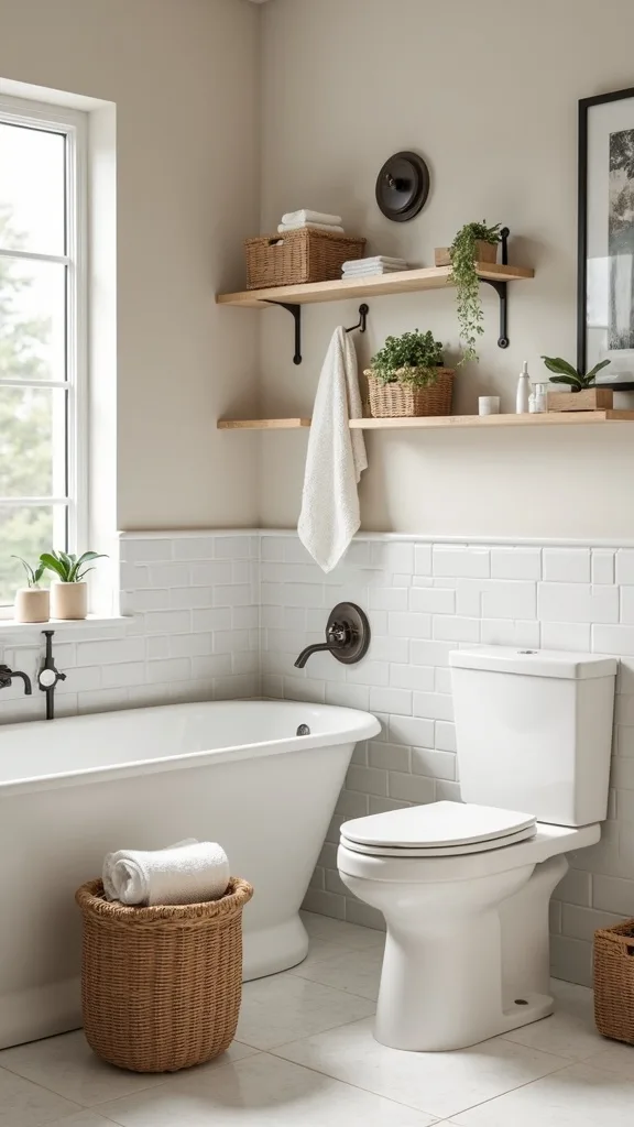 How can I use baskets and bins without making the bathroom look messy?