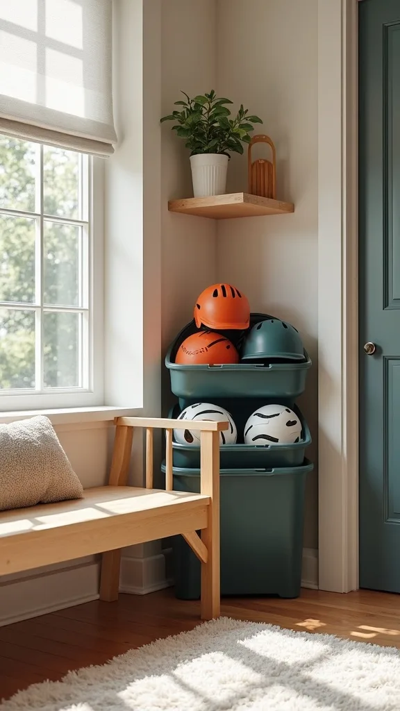 Sports Gear Corral: One Tall Bin Per Kid (No More Helmet Pyramids)