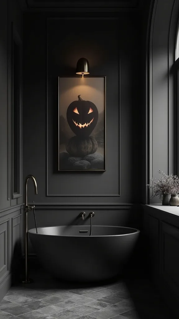 What wall art looks good in a moody Halloween bathroom?