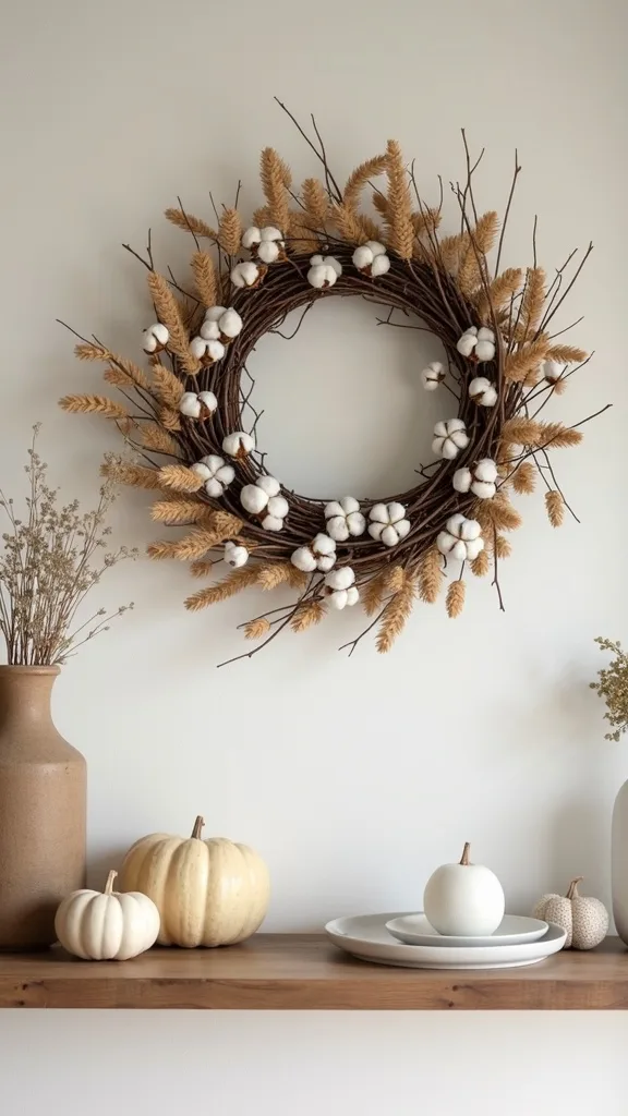 Farmhouse Cotton Stem Wreath With Wheat and Burlap