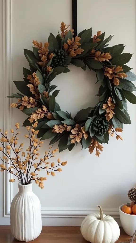 Modern Monochrome Fall Wreath in Black, Wheat, and Smoke Green