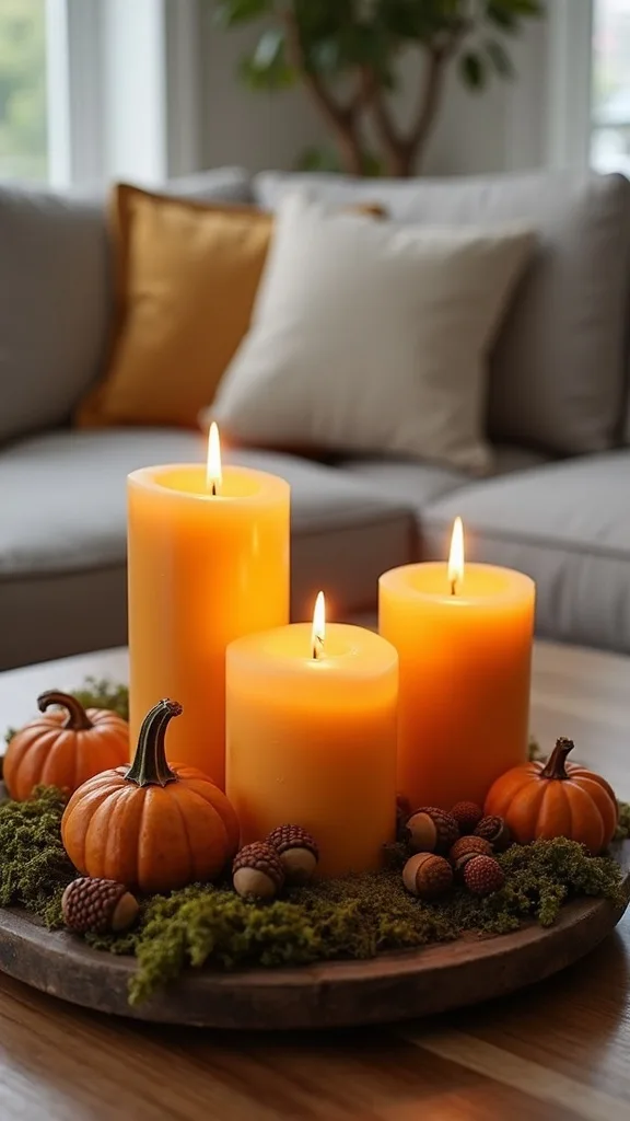 Start with the classic tray trio: amber + black pillars, acorns, mini pumpkins, and moss