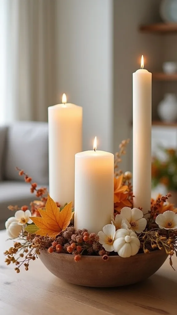 What makes a transitional candle arrangement work in a real family living room?