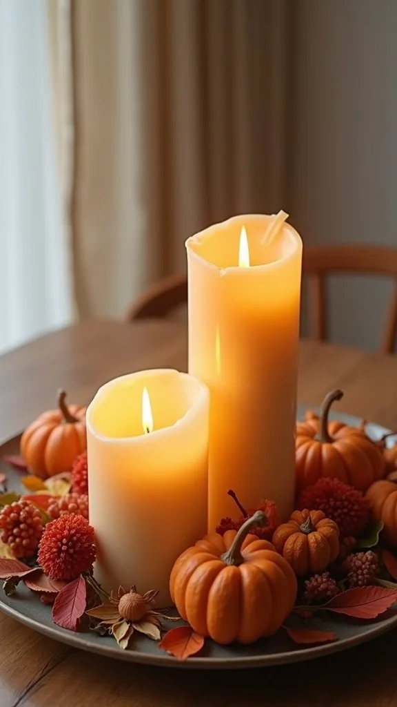 What should you avoid in a fall candle arrangement for safety and style?