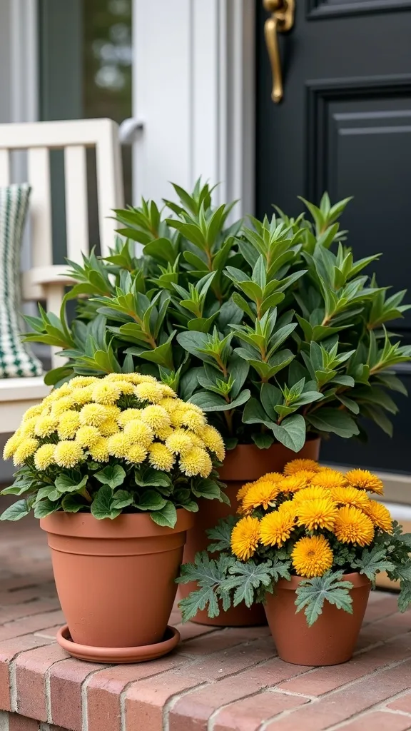 Mums, ornamental kale, and trailing sweet potato vine in a terracotta trio (under $40)