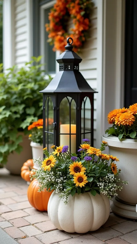 How can I use lanterns with planters for Halloween porch prep?
