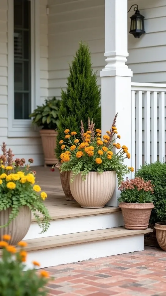 How do I style planters on porch steps without blocking the walkway?