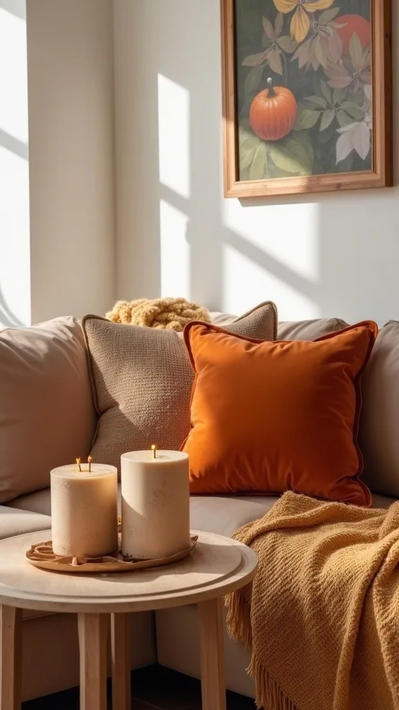 Swap summer blues for rust velvet cushions, an amber knit throw, and a wooden candle cluster