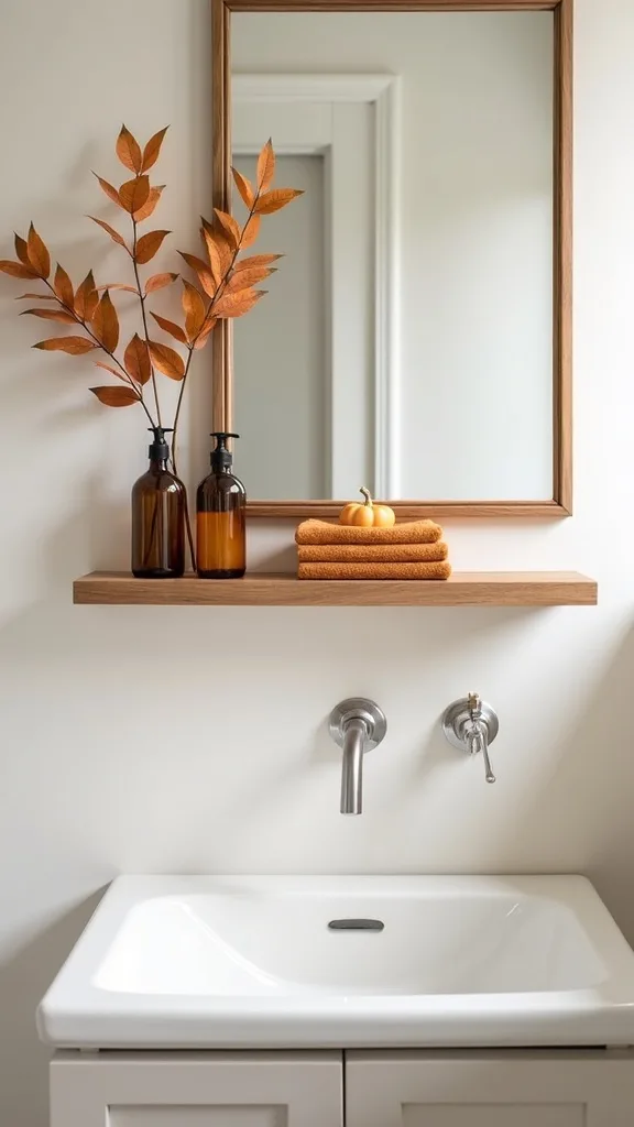 Do the fall swap in one clean sweep (pumpkin pillars, leaf art, amber bottles, cinnamon towels)