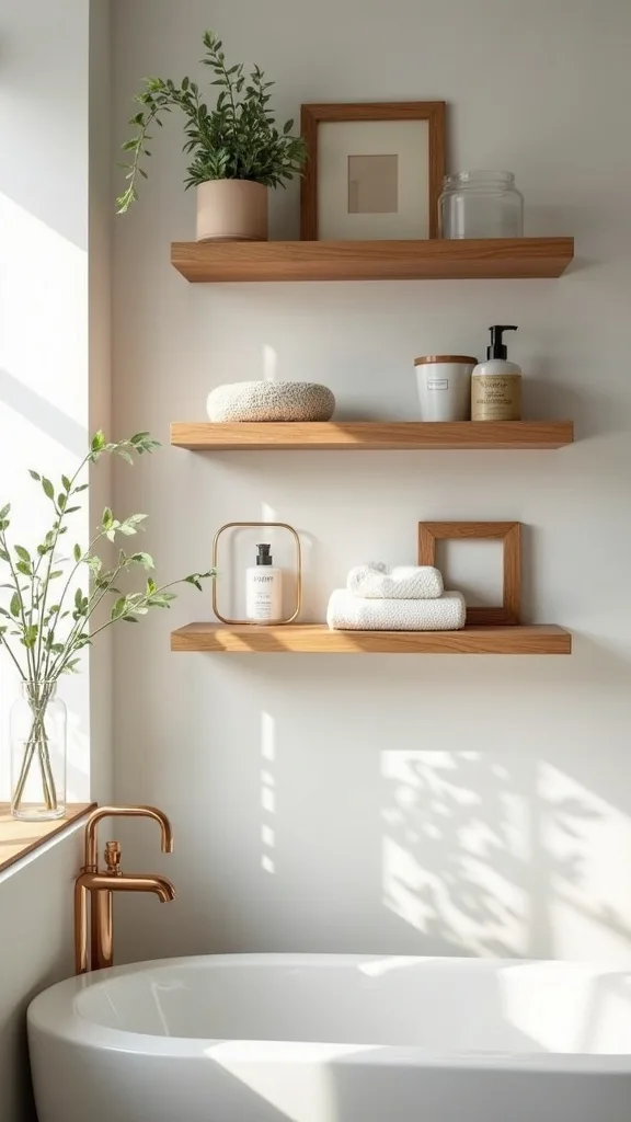 What should you avoid when styling bathroom shelves (so it stays clean)?