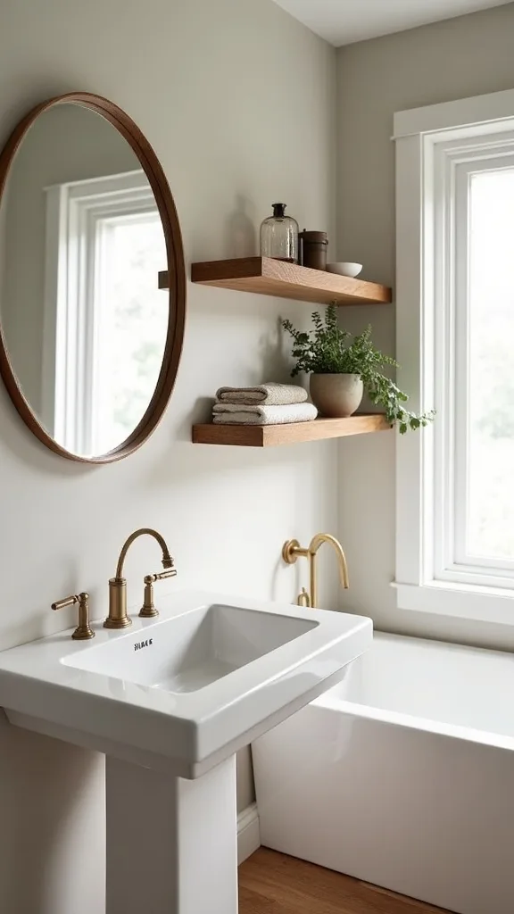 How can you style shelves around a pedestal sink (with almost no counter space)?