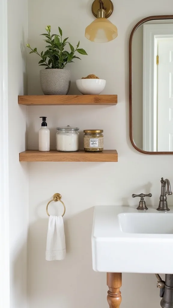 How do you mix vintage finds with new pieces on bathroom shelves?