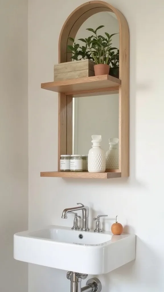 How do you style shelves with a candle safely in a bathroom?