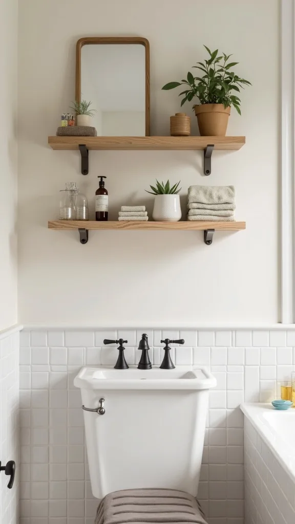 How do you style a floating shelf bathroom without it looking cluttered?