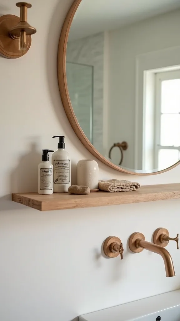 How high should decor be on a bathroom shelf so it doesn’t block the mirror?
