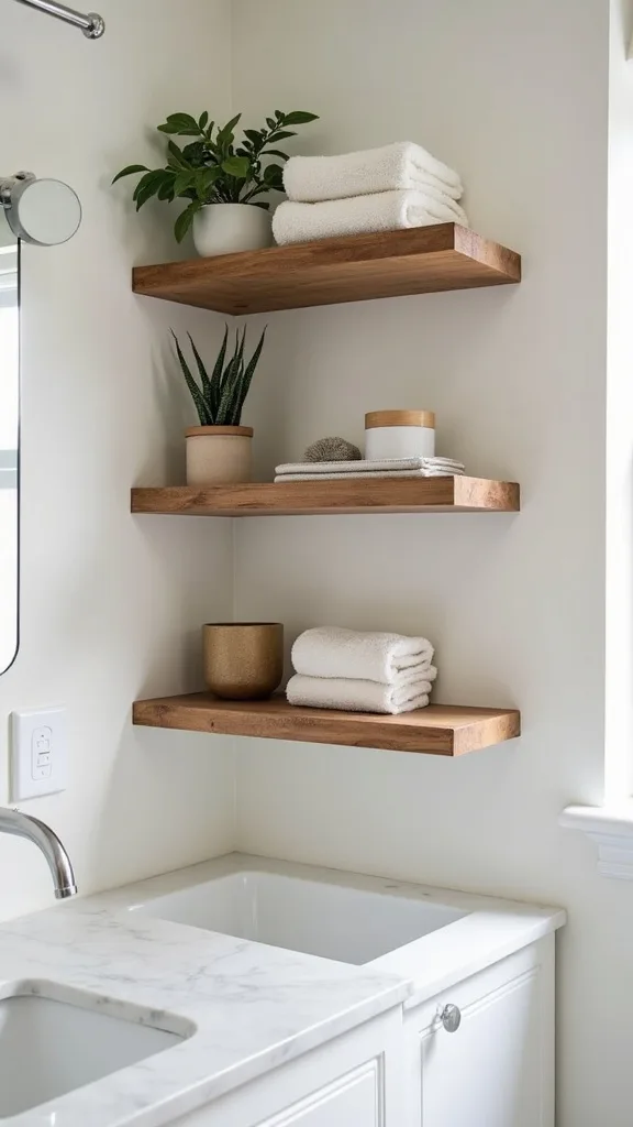 How do you style shelves in a small bathroom without losing storage?