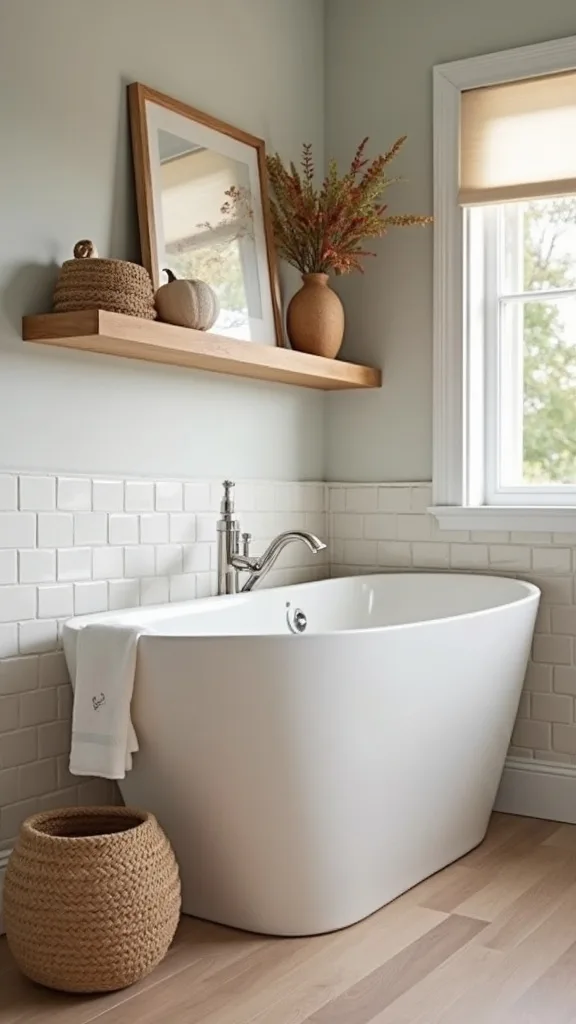 How can you make a floating shelf bathroom feel warmer in fall (without painting)?