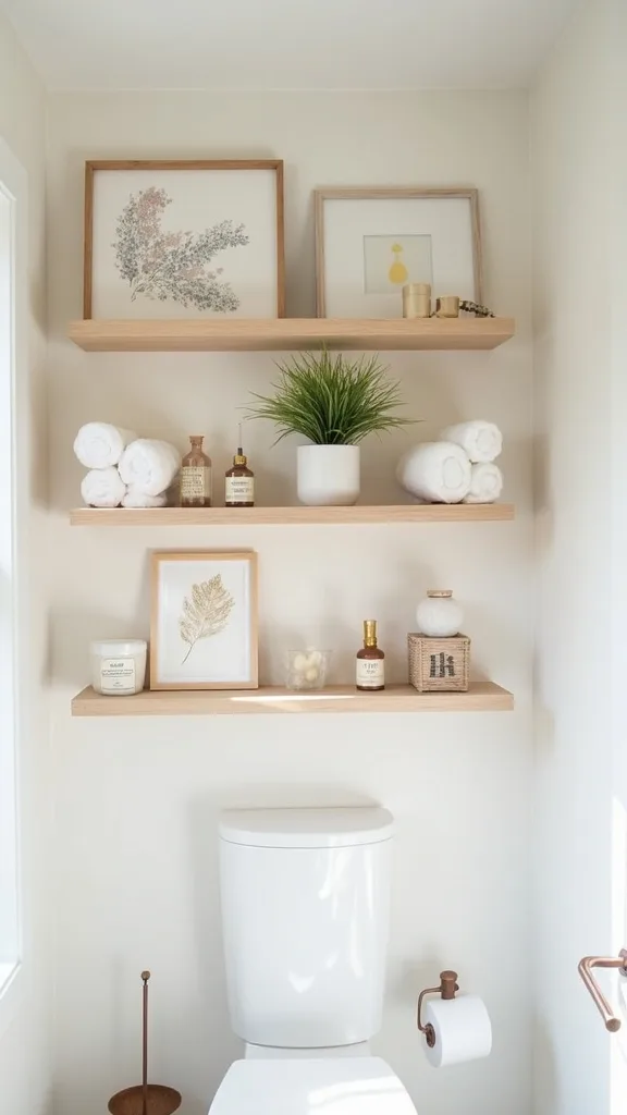 What’s the best way to layer art on bathroom shelves without it getting damaged?