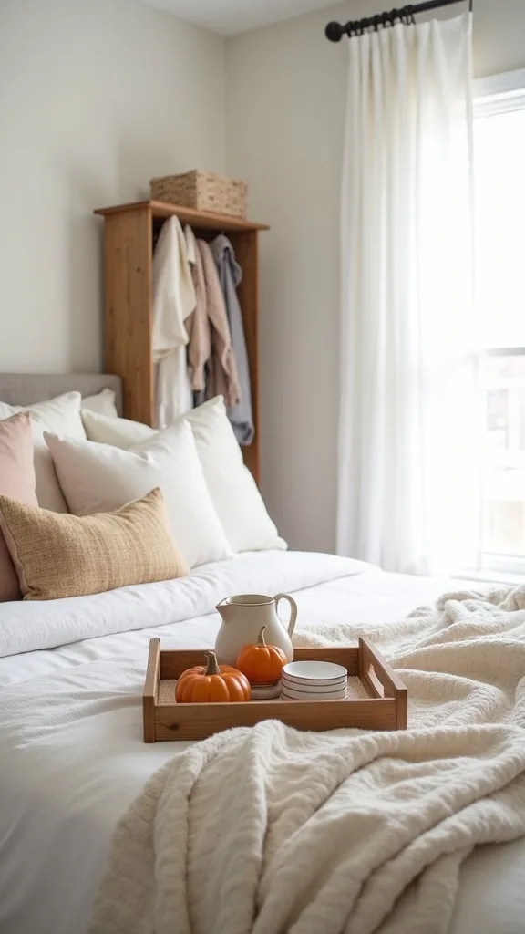Do the “four-piece” fall setup: layered bedding + tray + blanket basket + coat hook