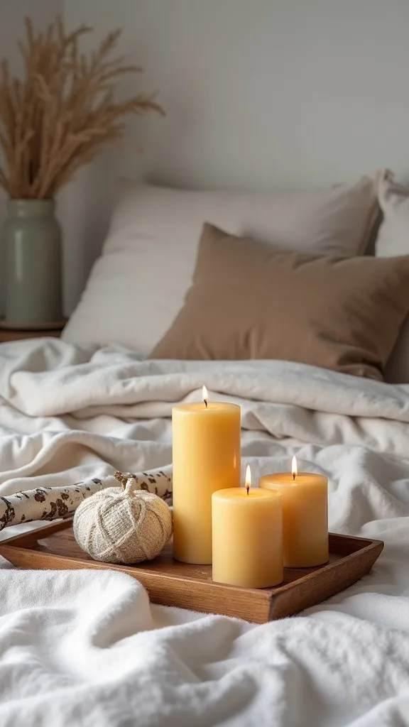 Build a bedside “hygge tray” with beeswax pillars, a wool fold-over, and birch branches