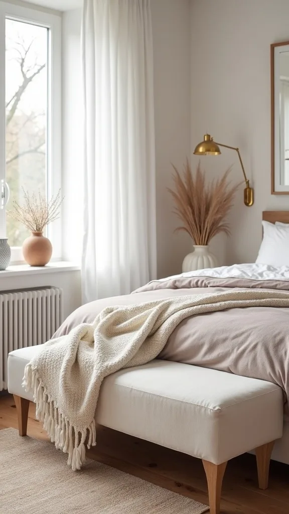 How do I style an end-of-bed bench (or ottoman) for fall without it becoming a dumping spot?